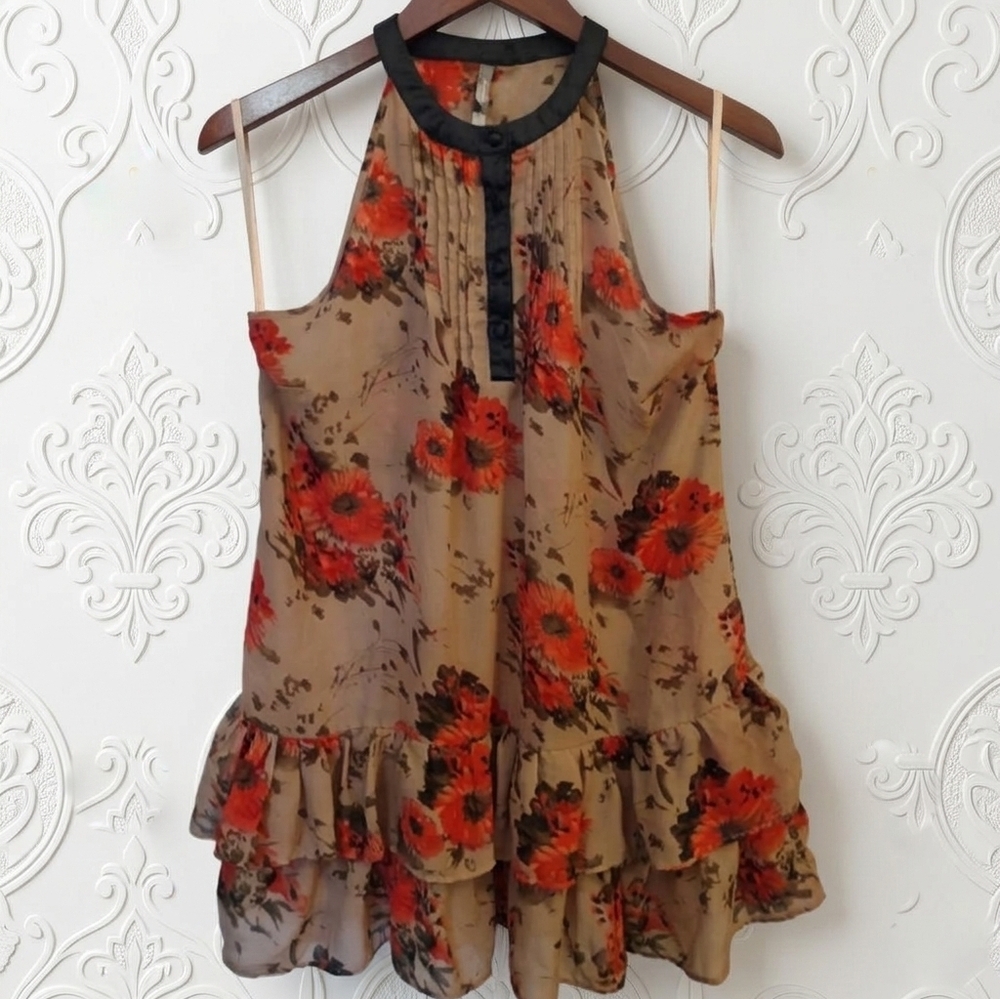 Charlotte Russe Semi Sheer Floral Halter Top Orange Poppy Print Ruffle Hem